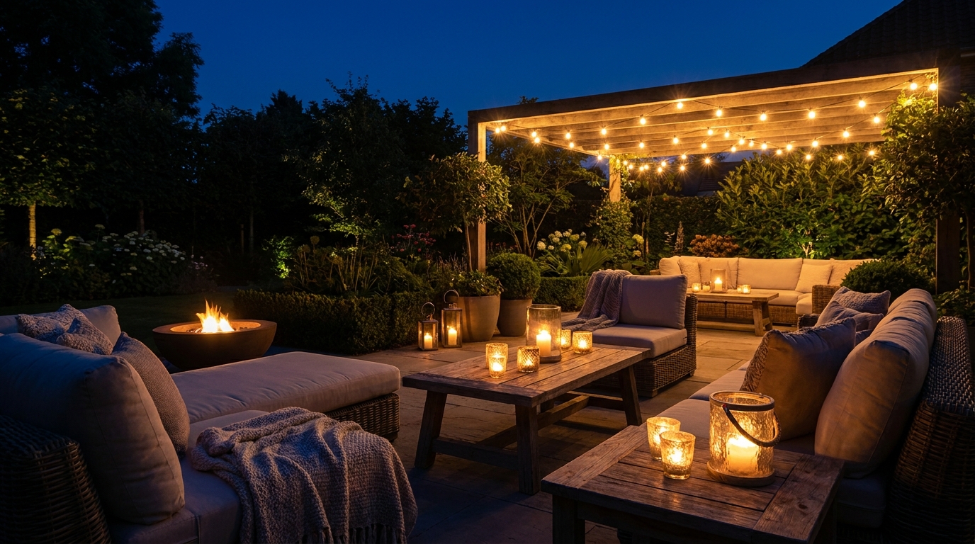 Couple relaxing on a candlelit patio at night — mosquito-free outdoor living